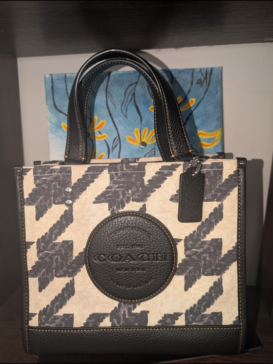 Coach Handbags - ❌❌SOLD❌❌COACH Dempsey Neutral Houndstooth Canvas Tote 22 with Black Leather Trim